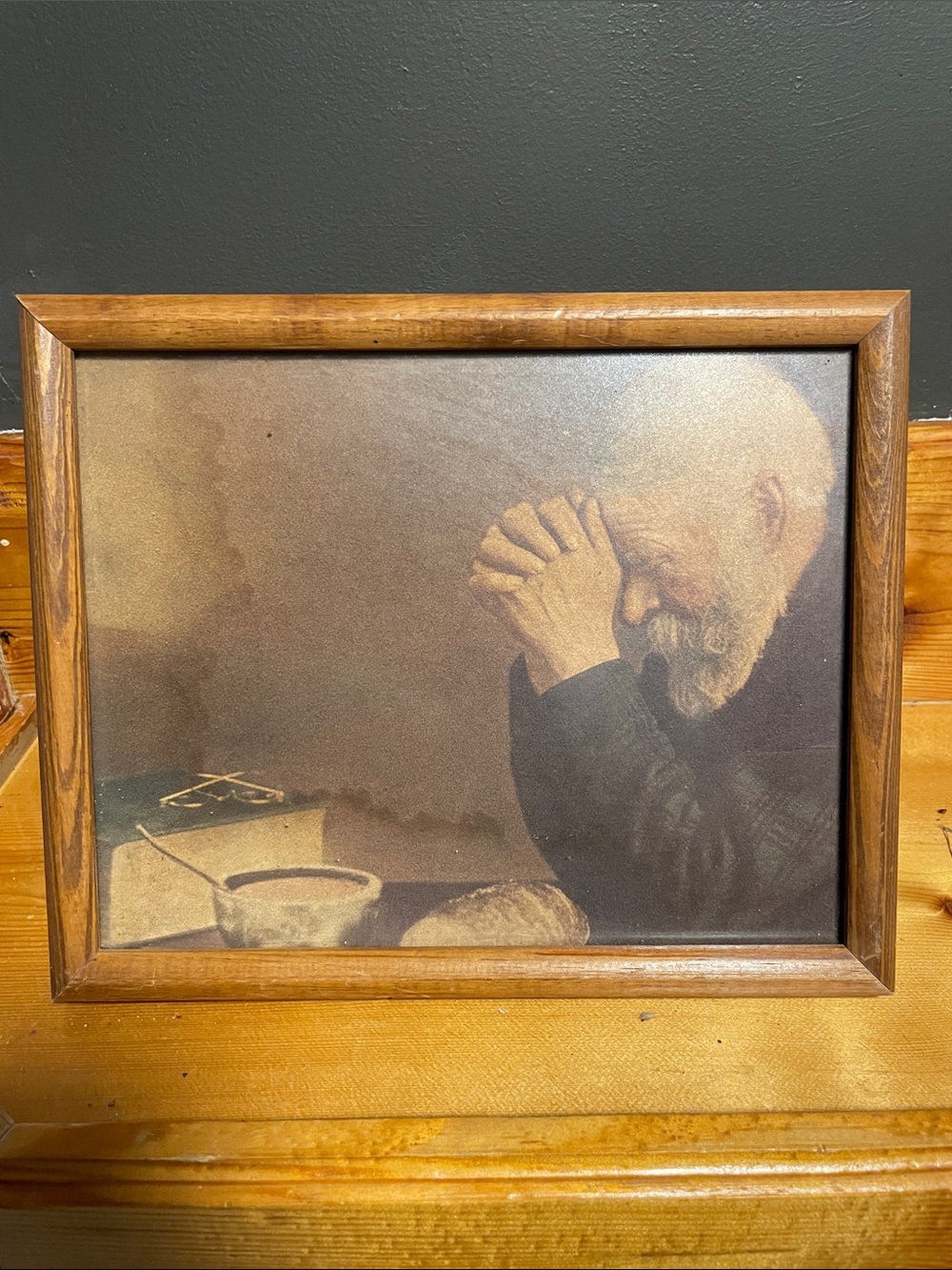 Framed Vintage Praying Man At Table Religious Scene Wall Art in Brown